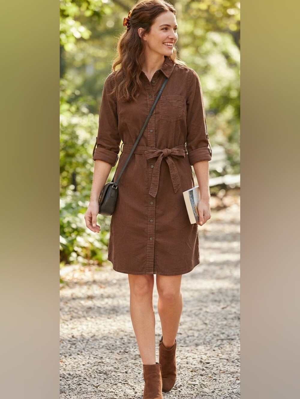 Lands' End Womens M Brown Solid Corduroy Shirt Dress Collared Belted Pockets NWT